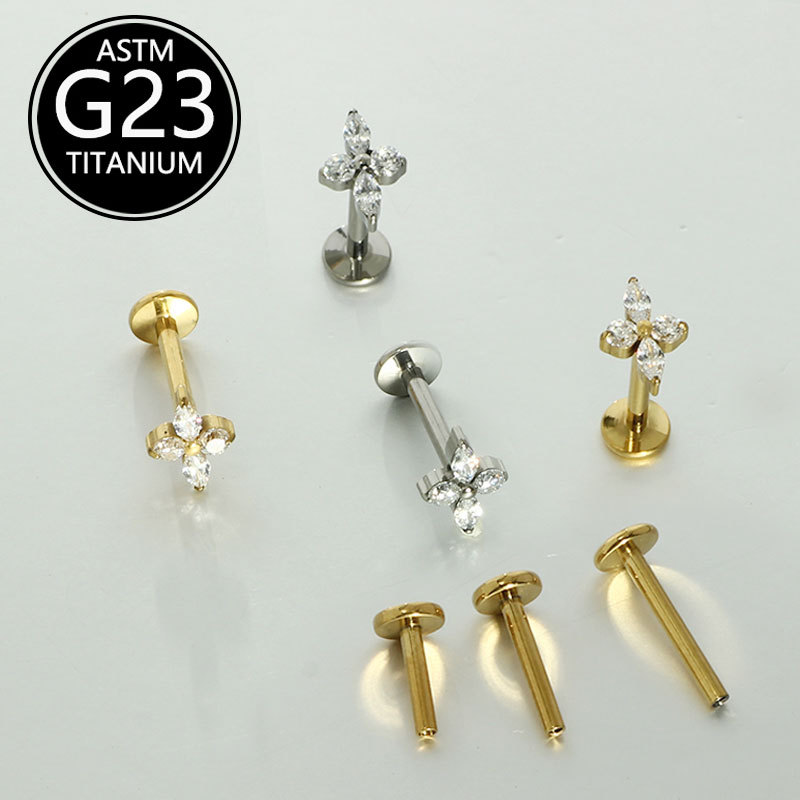 G23 Titanium Lip Piercing 6 10mm with Zircon Flower Design Ear Studs Cartilage Studs - Image 2