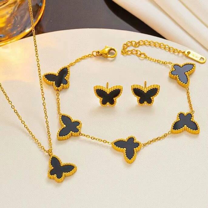 Butterfly Double-Sided Lucky Flower Bracelet Necklace Earrings Set 18K Gold Plated Stainless Steel - Image 3