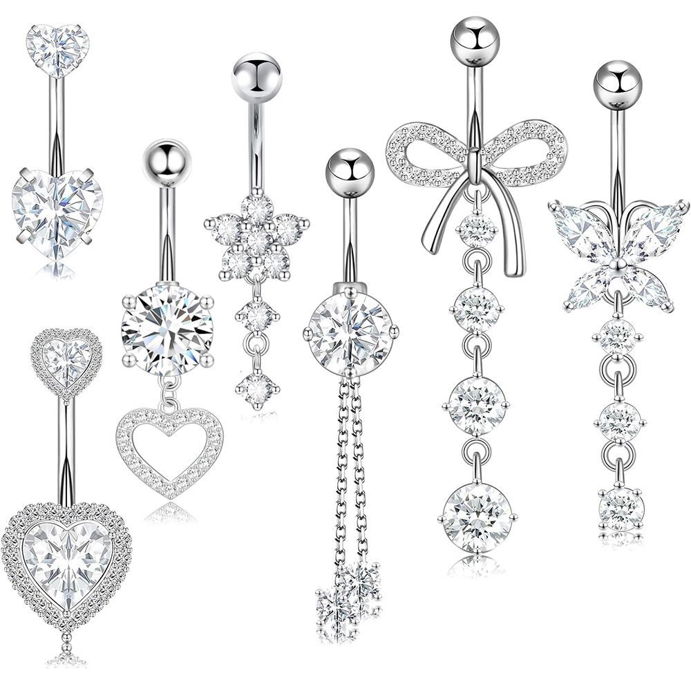 Amazon Hot Sale 5PCS Silver Navel Ring Set Stainless Steel Super Flash CZ Belly Button Jewelry - Image 3