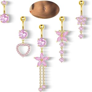 Love Zircon Heart Belly Button Ring Set – 5-Piece Navel Piercing Jewelry for Women