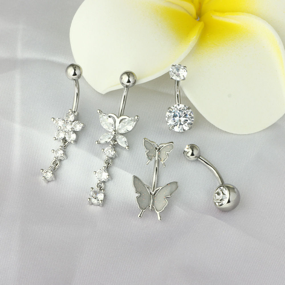 Cross-border Hot New Five-piece Butterfly Flower Zircon Navel Ring Piercing Jewelry Navel Nail Amazon in stock - Image 4