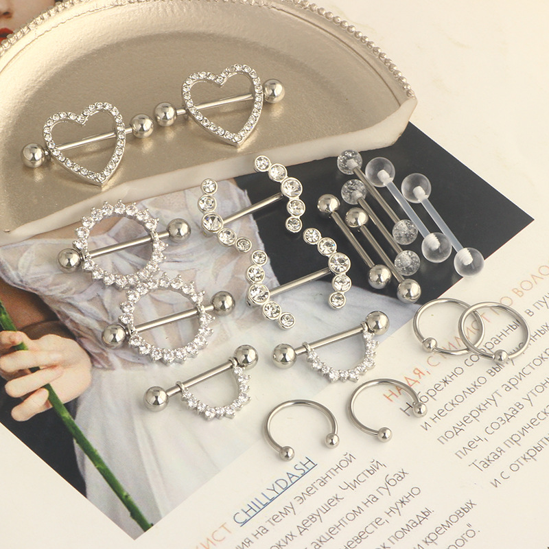 Stainless Steel Zircon Ring 9 Pair Set Heart Shape Nail Tongue Piercing Jewelry - Image 2
