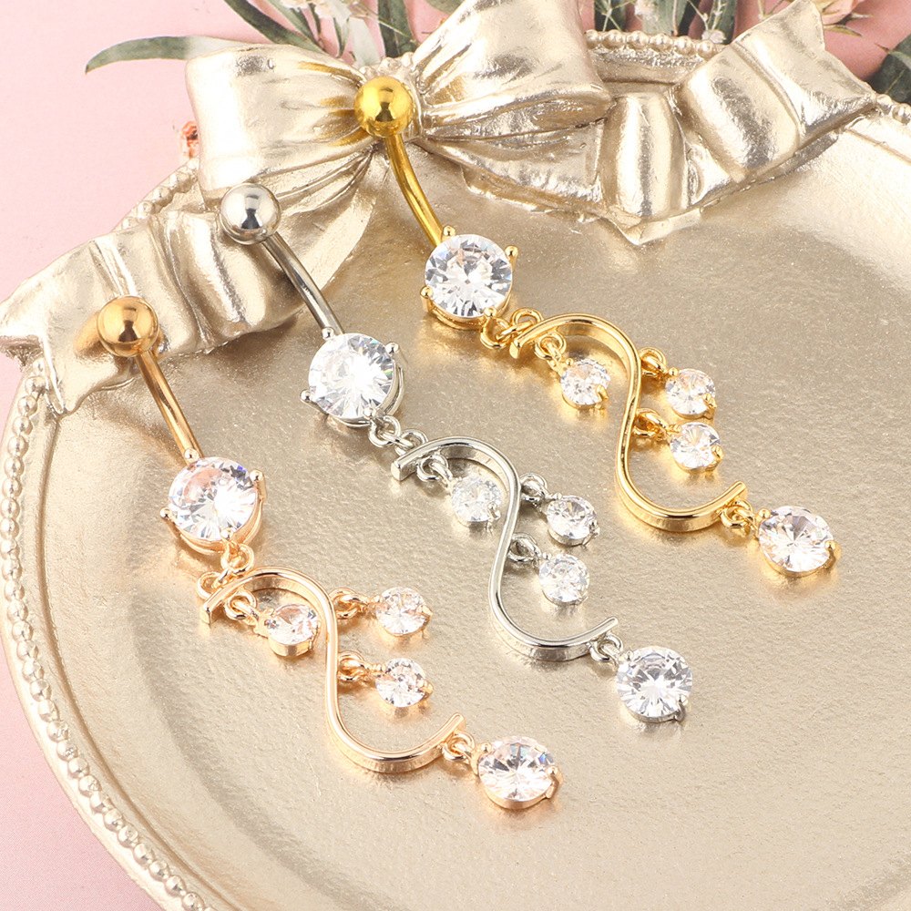 Rose Gold Belly Button Ring with 4 CZ Zircon Stones Stainless Steel Belly Piercing Jewelry - Image 3