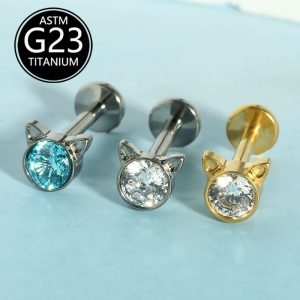 G23 Titanium Little Devil Cat Zircon Ear Cartilage Stud Internal Thread Piercing Jewelry