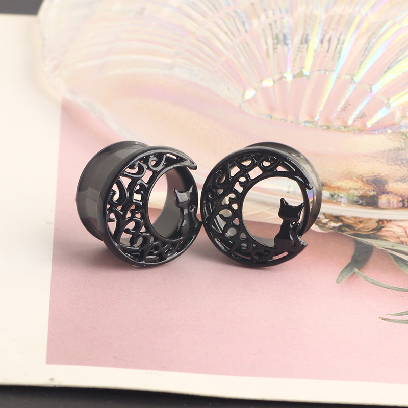 Black Cat on the Moon Stainless Steel Double Horn Ear Expander - 16mm Cartilage Earring - Image 5