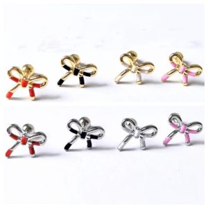 Sweet Cool Personality Titanium Steel Ear Bone Nails Dripping Oil Bow Screw Earrings Unique Niche Design