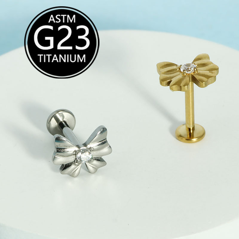 F136 Titanium Alloy Bowknot Lip Stud 16G Internal Thread Ear Bone Stud G23 Titanium Piercing Jewelry - Image 3
