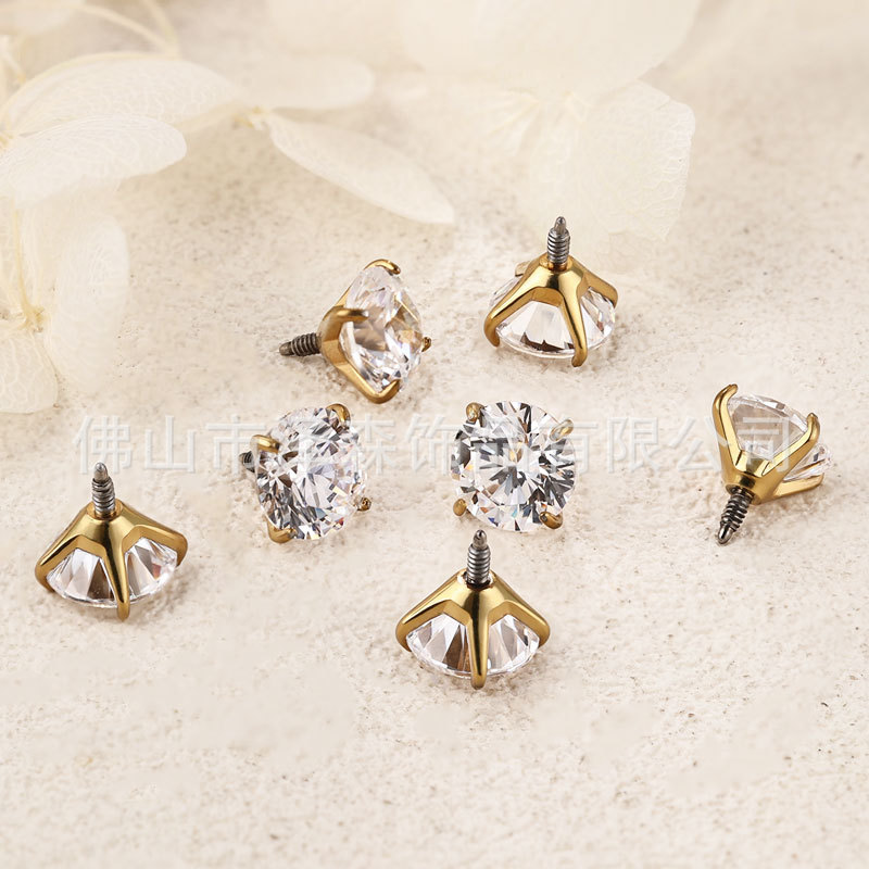F136 Titanium Alloy Gold Ear Bone Nail with Long Teeth 5A CZ Zircon - Body Piercing Jewelry - Image 3