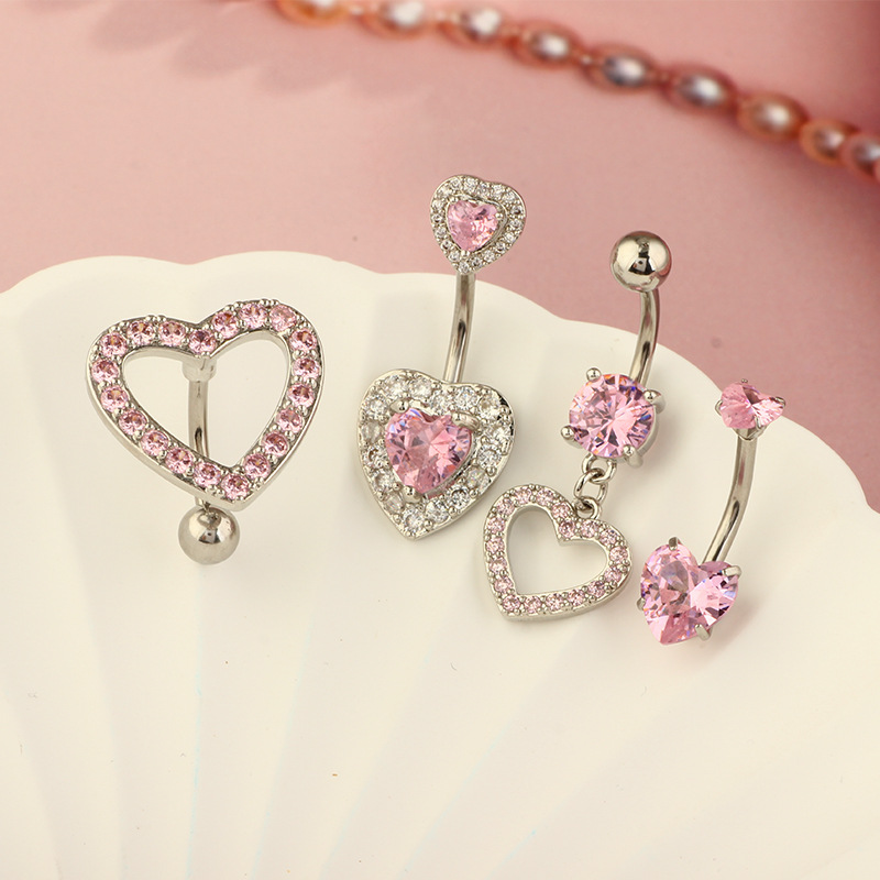 Love Bow Pink Diamond Belly Button Ring Stainless Steel Navel Piercing Jewelry - Image 2
