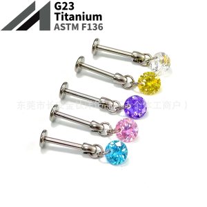 F136 Titanium Round Pendant Ear Bone Stud with Zircon - G23 Titanium Body Piercing Jewelry