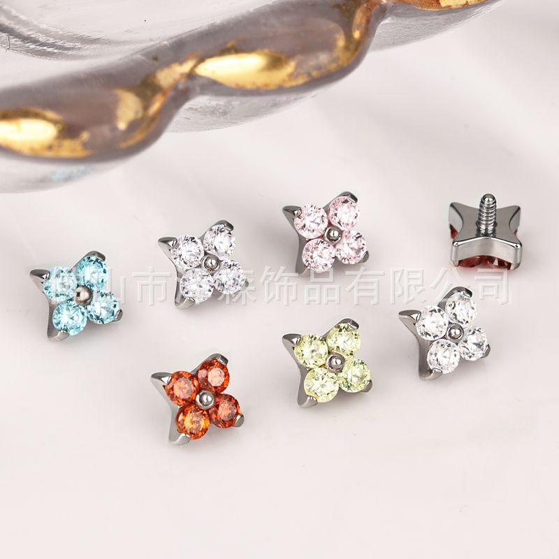 Zesen F136 Titanium Alloy Ear Nail Four-leaf Clover Petals with 5A Zircon Lip Nail G23 Titanium Ear Bone Nail Human Puncture - Image 2