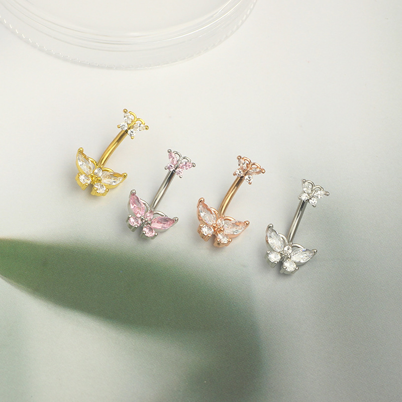 New Stainless Steel CZ Butterfly Navel Ring - Silver Pink Zircon Belly Button Ring for Women - Image 5