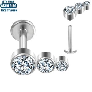 G23 Titanium Lip Ring 3 Zircon Cartilage Ear Stud Inner Thread Body Piercing Jewelry Lip Stud Earrings