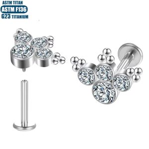 G23 Titanium Lip Stud Earrings with Zircon Welded Beads, 1.2x10mm, Threaded Cartilage Piercing Jewelry for Lip Ring Decoration