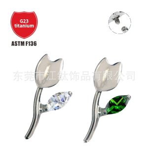 Titanium Ear Bone Stud Tulip Shape with Zircon G23 ASTM F136 Ear Piercing Jewelry Gold