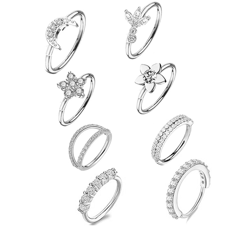 Stainless Steel Heart Nose Ring - CZ Geometric Open Nose Clip Piercing Jewelry Set of 8 - Image 5