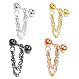 Double Chain Ear Bone Nail Titanium Steel Earring - Gold Flower Design for Women