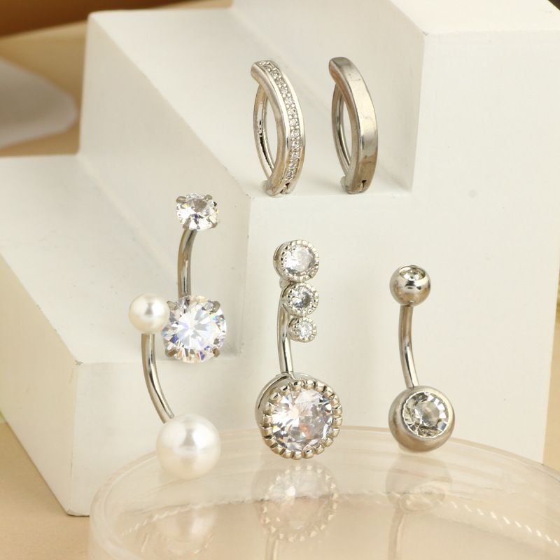 Stainless Steel Belly Button Ring Set - Inlaid Zircon Geometric Navel Ring, European American Style, Body Piercing Jewelry 6-Pack - Image 4