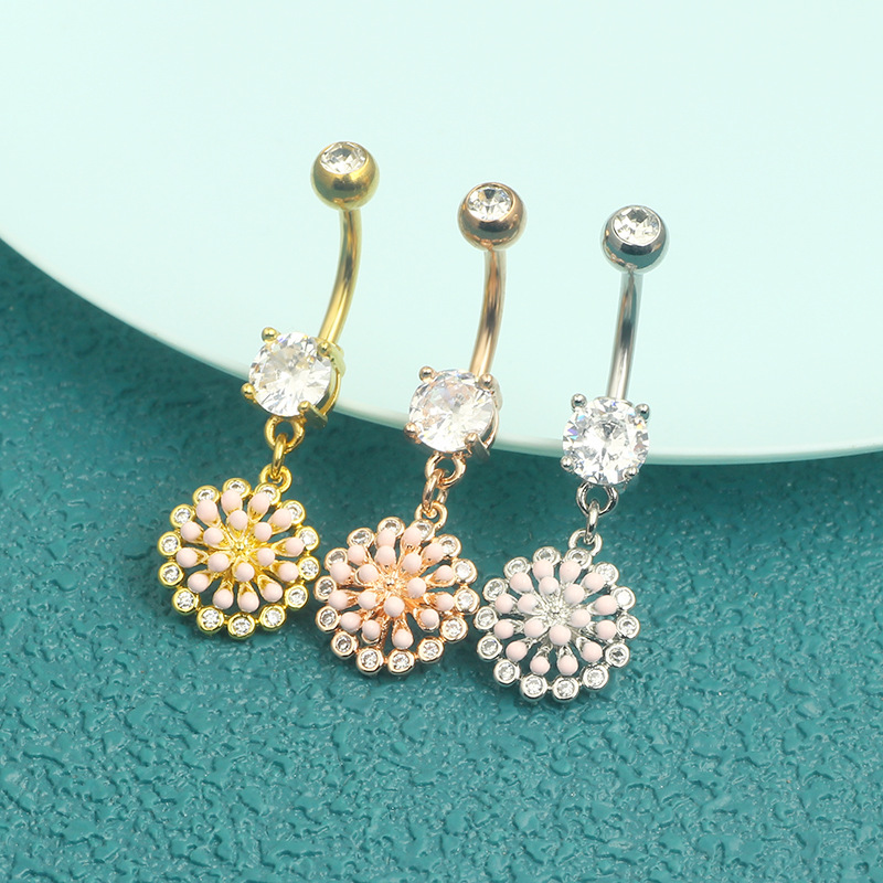 Rose Gold Stainless Steel Navel Ring Chrysanthemum Dangle Belly Button Piercing Jewelry for Men Women - Image 3
