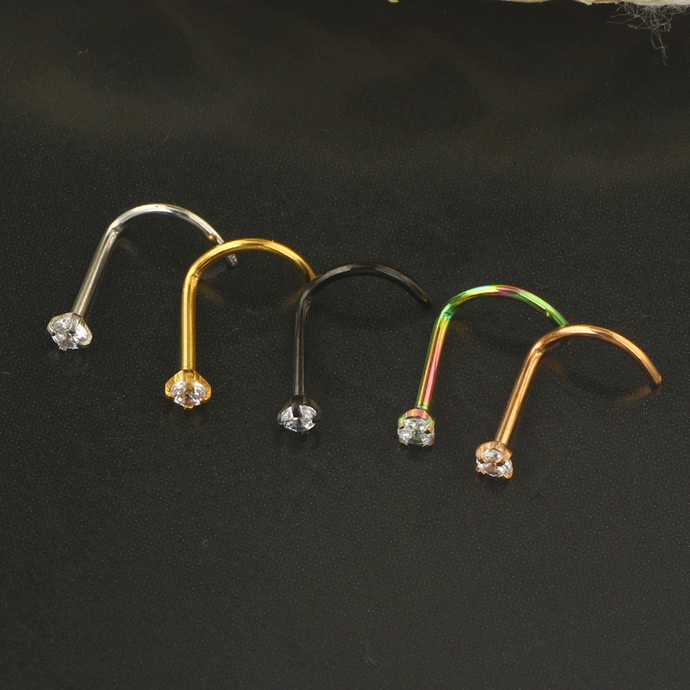 316L Surgical Steel Nose Ring Curved Rod Zircon Nose Stud Earrings - Image 4