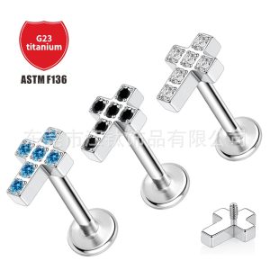 G23 Titanium Cross Inlaid 5A Zircon Ear Studs Lip Nail Body Piercing Jewelry Earrings