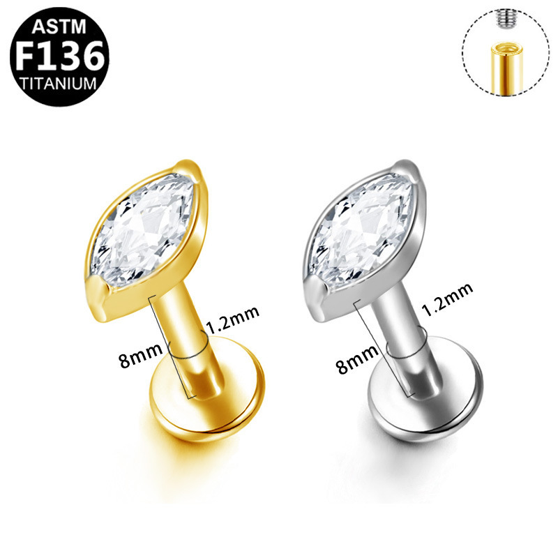 F136 Titanium Alloy Marquise Lip Stud with Zircon, Internally Threaded, 1.2x8mm, Exquisite Versatile Lip Piercing Jewelry - Image 3