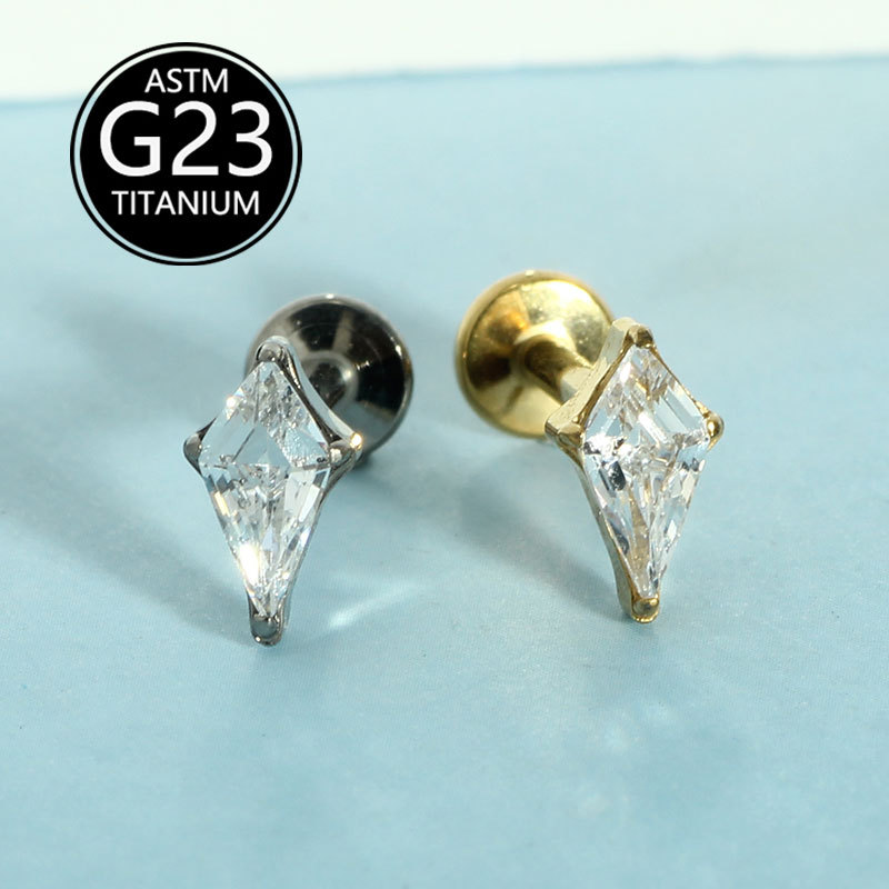 G23 Titanium Alloy Rhombus Threaded Zircon Earrings Lip Stud Earrings Cross Border Body Piercing Jewelry - Image 4