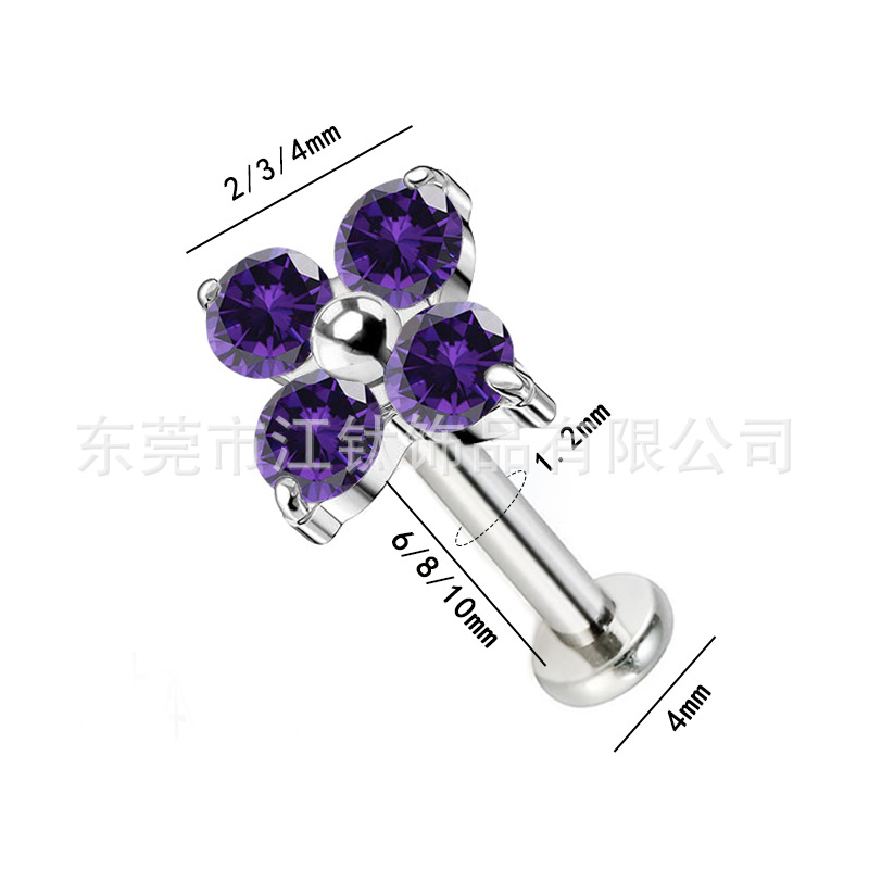 F136 Titanium Ear Studs Clover Petals Inlaid 5A Zircon Lip Nails G23 Titanium Alloy Body Piercing Jewelry Ear Bone Nails - Image 2
