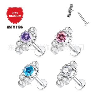 F136 Titanium Lip Labret Stud with Zircon Ball Screw-On Lip Ring