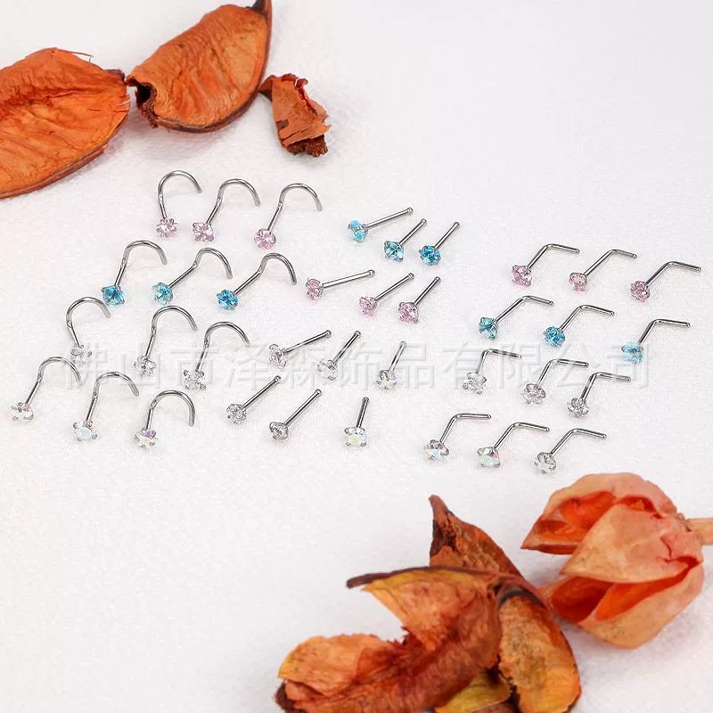 European American Classic Stainless Steel Zircon Nose Nail Star Right Angle Titanium Steel Nose Piercing Jewelry - Image 3