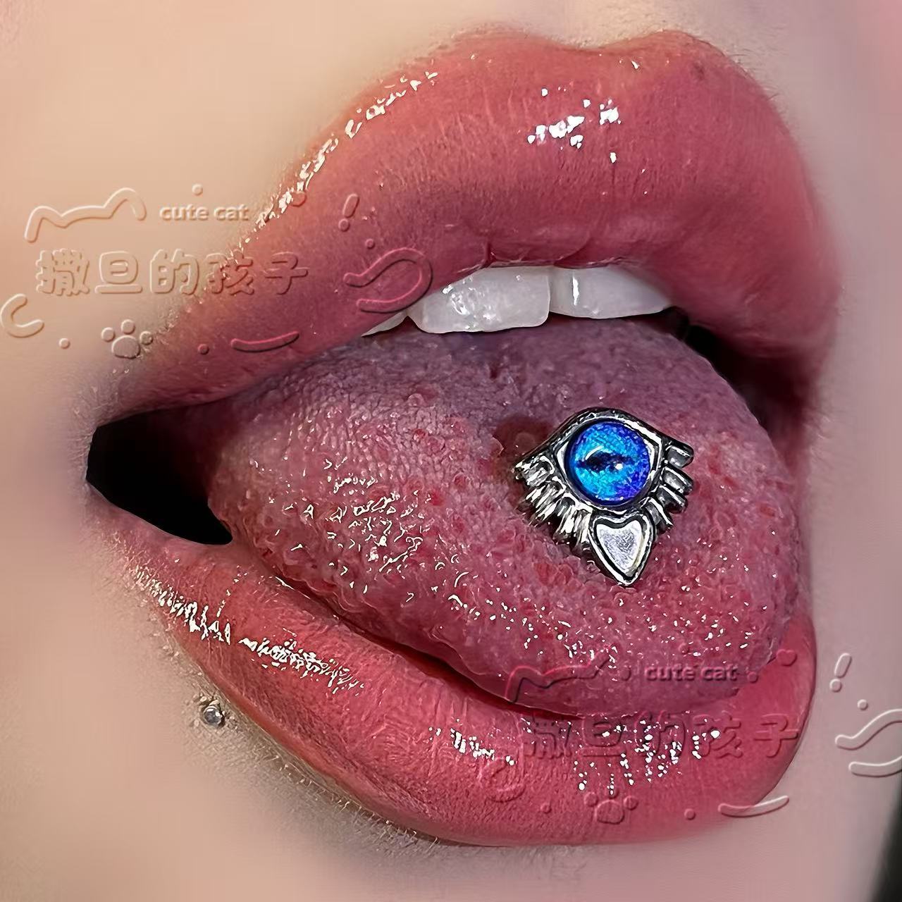 Satan's Child Blue Devil Tears Tongue Barbell 316L Surgical Steel Green Tongue Ring - Image 2