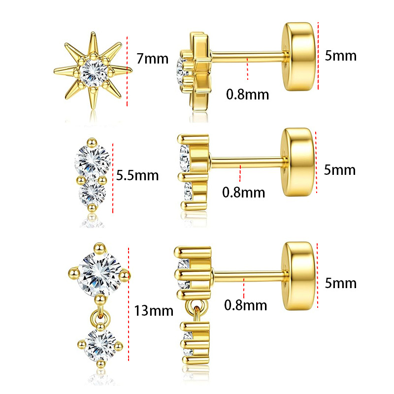 Gold Electroplated Stainless Steel Stud Earrings with Zirconia - Simple Geometric Cartilage Ear Bone Stud Jewelry - Image 5