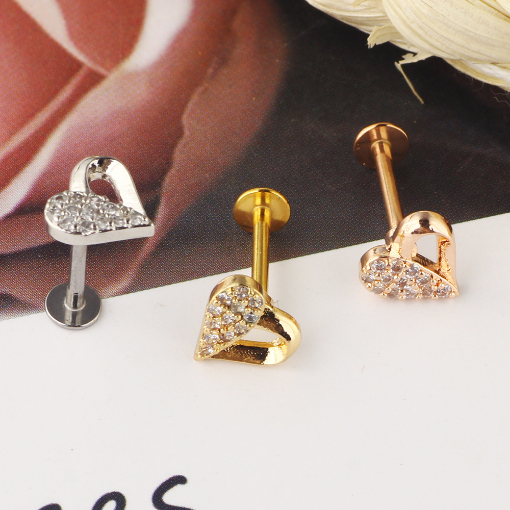 Zircon Stainless Steel Ear Bone Screw Earrings Lip Ring Love Piercing Jewelry - Image 3