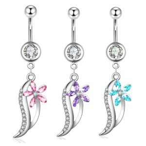 Trend Blue Purple Heart Stainless Steel Belly Button Ring Dangle Navel Piercing Jewelry