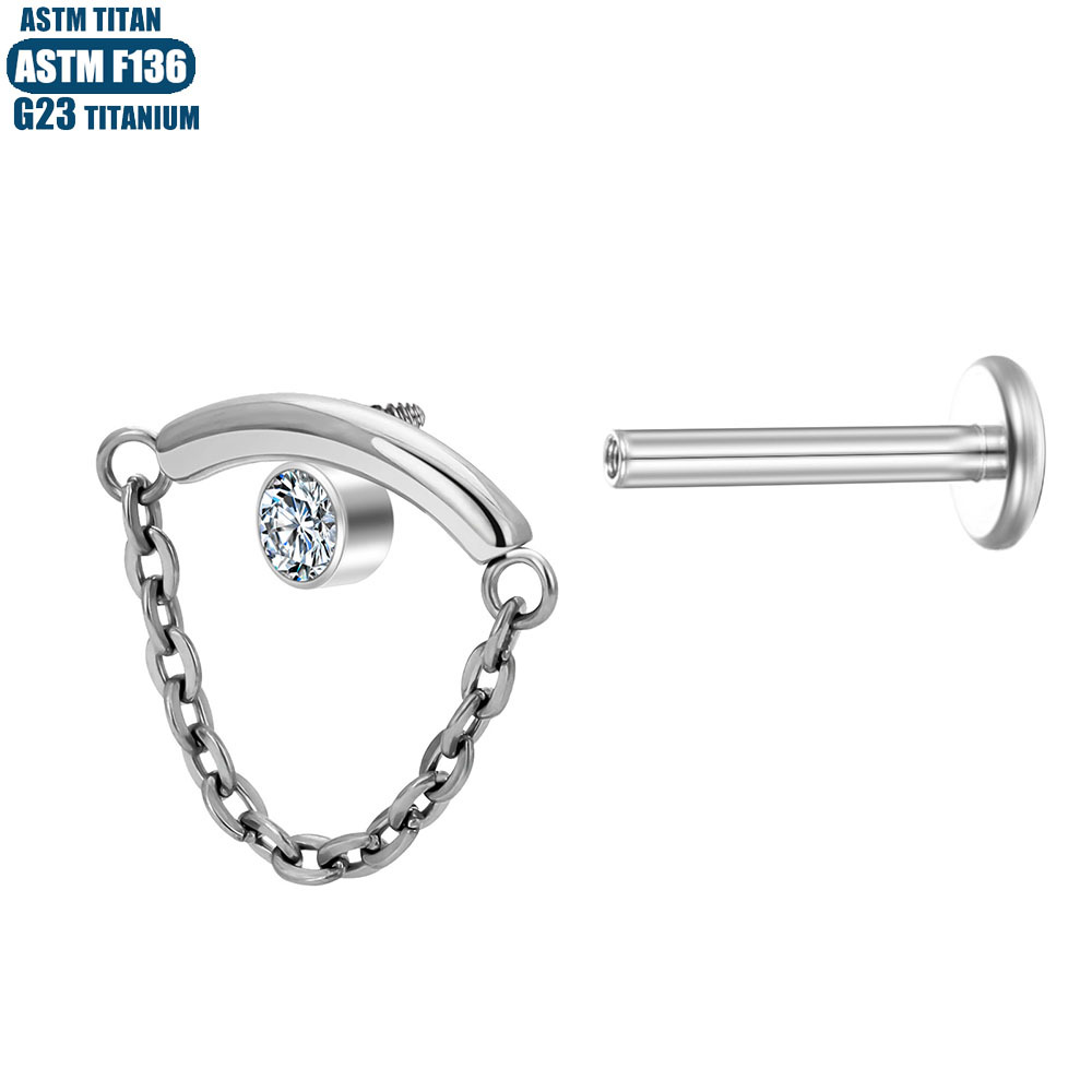 F136 Titanium Alloy Chain Pendant Earrings Inner Spiral Zircon Lip Stud Body Piercing Jewelry Diaphragm Pierced Earrings - Image 4