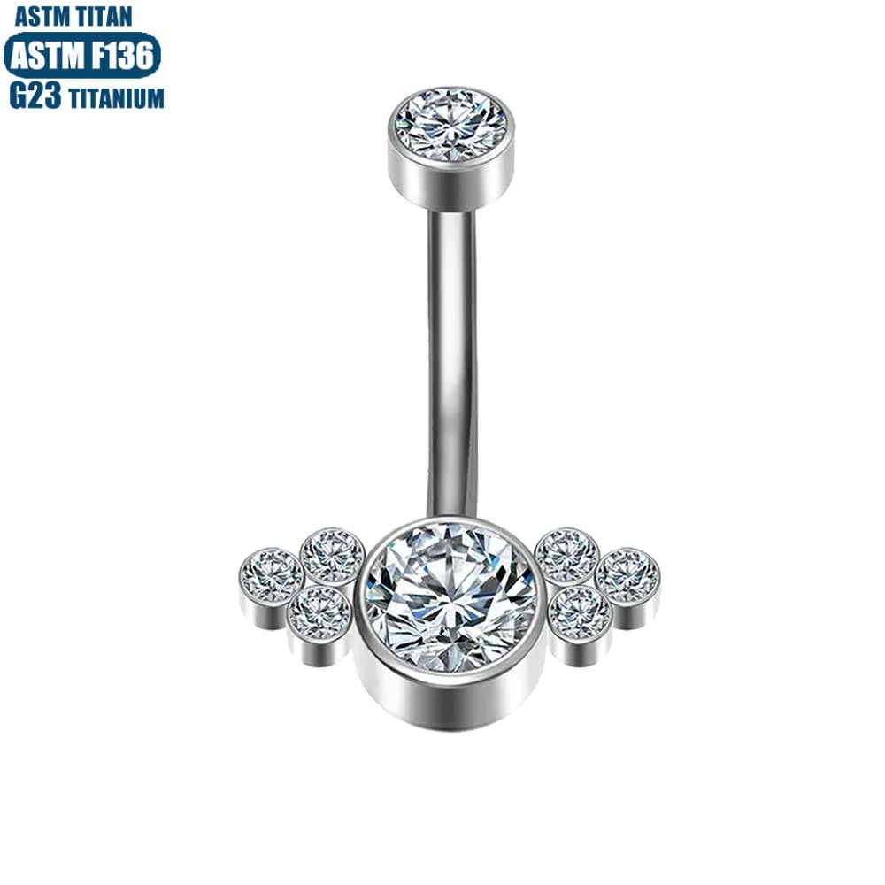 14G Implant Grade Titanium Navel Ring F136 Internally Threaded Diamond-Encrusted Belly Button Jewelry Silver - Image 2