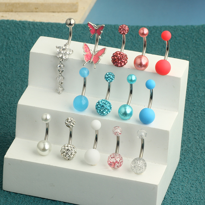14-Piece Butterfly Navel Ring Set Stainless Steel Belly Button Piercing Jewelry Heart Design - Image 3