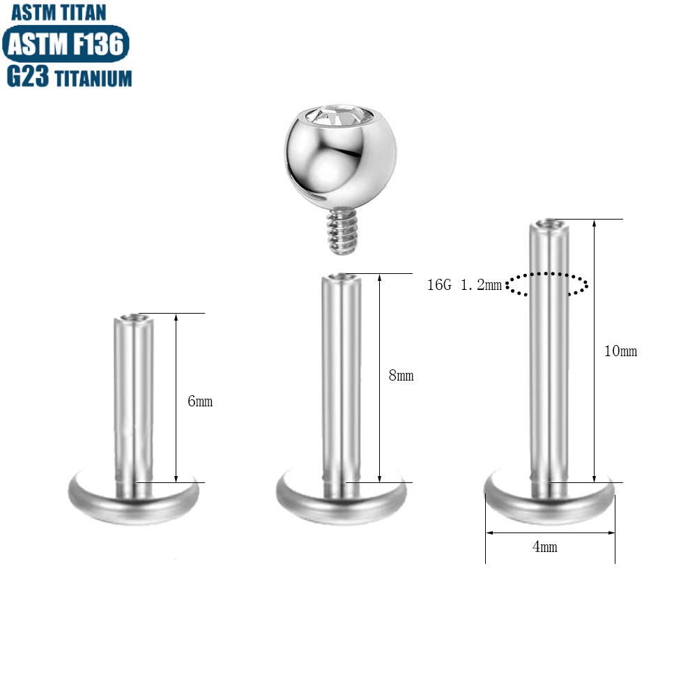 G23 Titanium Lip Ring - Inner Thread Diamond Tragus Conch Earring - Silver 1.2x10mm - Image 2