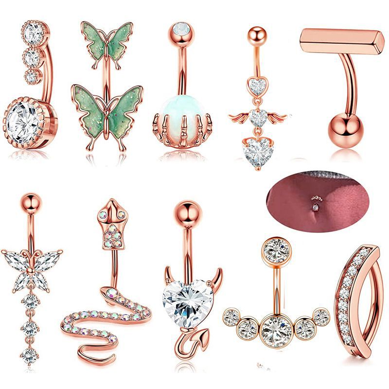 Amazon New Inlaid Zircon Love Belly Button Ring Butterfly Inverted Belly Button Nail Snake Belly Button Ring Piercing Jewelry 10 Pieces - Image 3