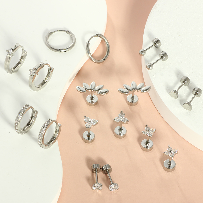 18-Piece Stainless Steel Earring Set Butterfly Geometric Earrings For Women Men Fashion Commuter Style Silver With White Zircon - Image 3