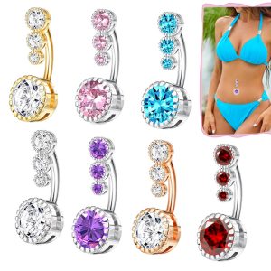 CZ Zircon Belly Button Ring Stainless Steel Round Navel Piercing Jewelry Rose Gold White