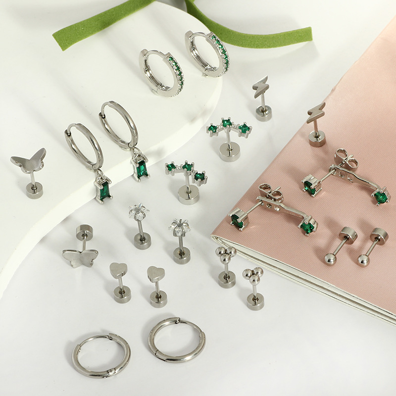 Trendy Real Gold Stainless Steel Electroplated Green Zircon Earrings Set for Women and Men - Image 3