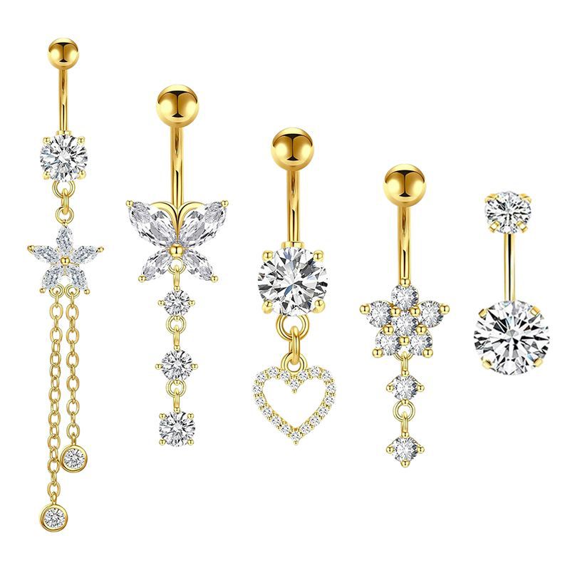 Love Zircon Heart Belly Button Ring Set – 5-Piece Navel Piercing Jewelry for Women - Image 5