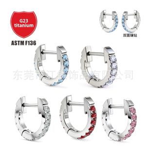 G23 Titanium Alloy D-Shaped Straight Needle Earrings with Full Cubic Zirconia - Body Piercing Jewelry for Cartilage