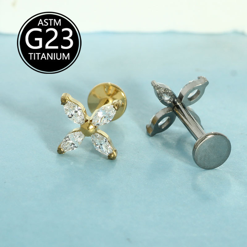 G23 Titanium Four-Petal Marquise Zircon Lip Labret Stud Unisex Elegant Versatile Lip Piercing Jewelry - Image 4
