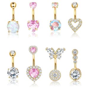 Heart-Shaped Belly Ring Set – 8-Piece 316L Surgical Steel CZ Belly Button Rings for Women