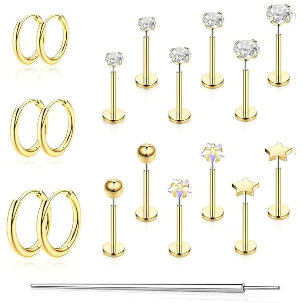 High-Quality Stainless Steel Stud Earrings with Zircon Inlays, Geometric Star Design, Silver Set - Various Sizes Available - Image 5