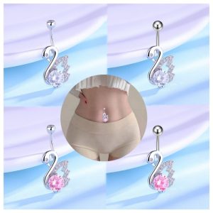 Fashionable Little Swan Belly Button Ring Copper Plated White Gold Tone CZ Dangle Navel Jewelry for Women