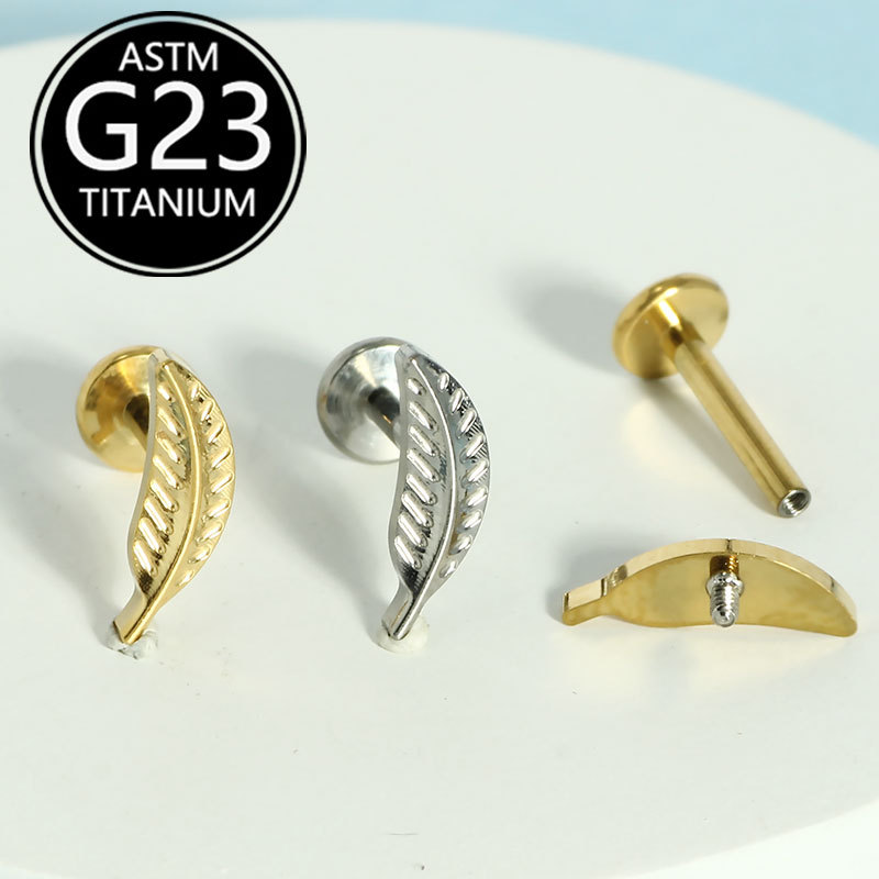 F136 Titanium Internal Thread Lip Stud - Fashion Versatile Leaf Ear Earring Bone Stud G23 Titanium Alloy Body Piercing Jewelry - Image 2
