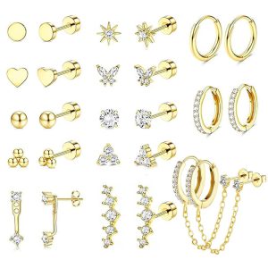 13 Pairs Geometric Zircon Earrings Set - Stainless Steel + Copper, Real Gold Plated, Flower Earrings, Butterfly, Star of David
